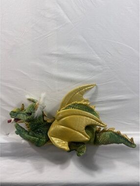 Folkmanis Green Dragon Hand Puppet with Gold Wings and White Hair